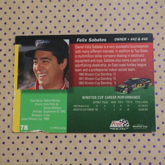 Felix Sabates #78 Nascar Card - Picture 2 of 2